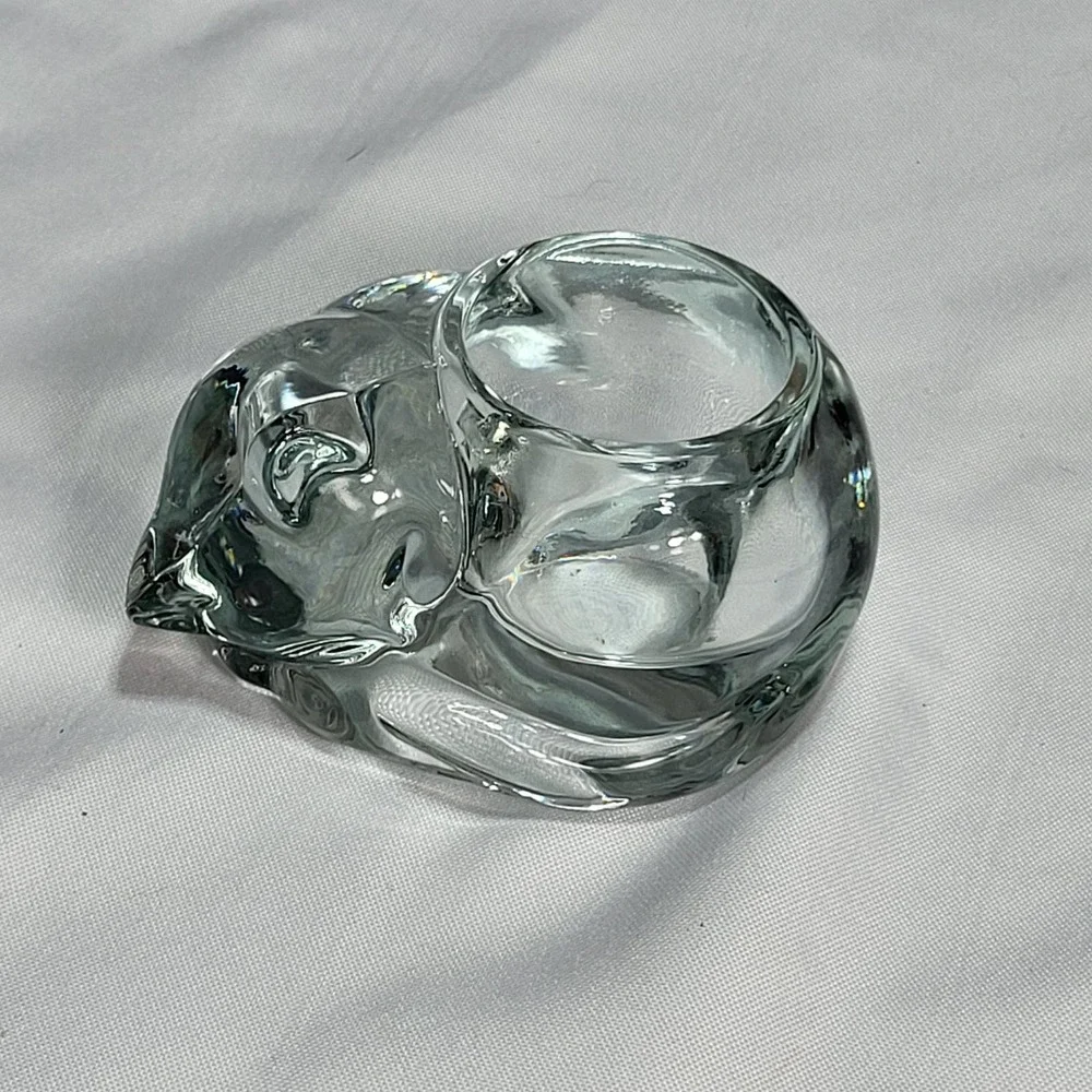 Vintage Clear Glass Sleeping Kitty Cat Votive Tea Light Candle Holder‎